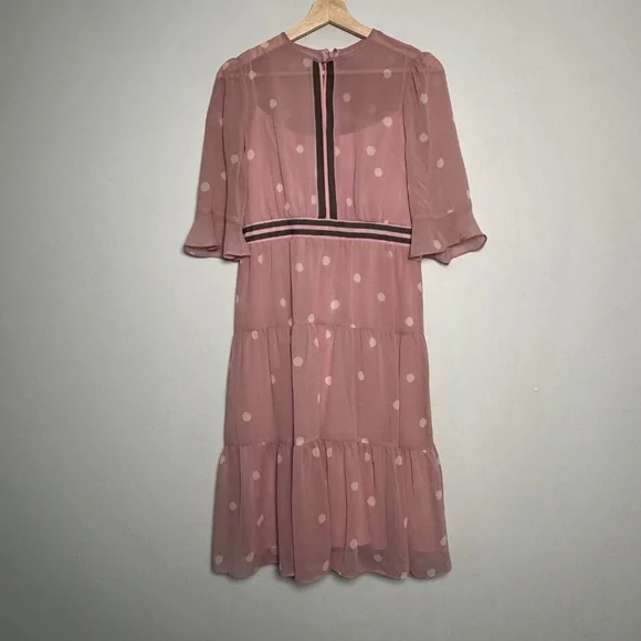 Gal Meets Glam Finely Polka Dot Tiered Midi Pink Dress Women's 4 Petite - Picture 5 of 16